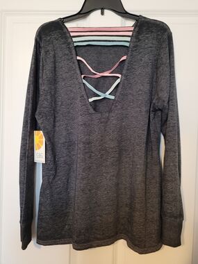 C&C California Charcoal Long Sleeve Top with Pink and Mint Back Strap Detail NWT